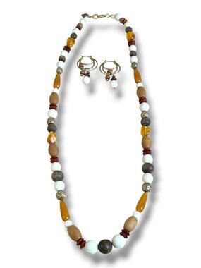 Vintage Liz Claiborne Autumn Hues Beaded Necklace Earrings Matching Set